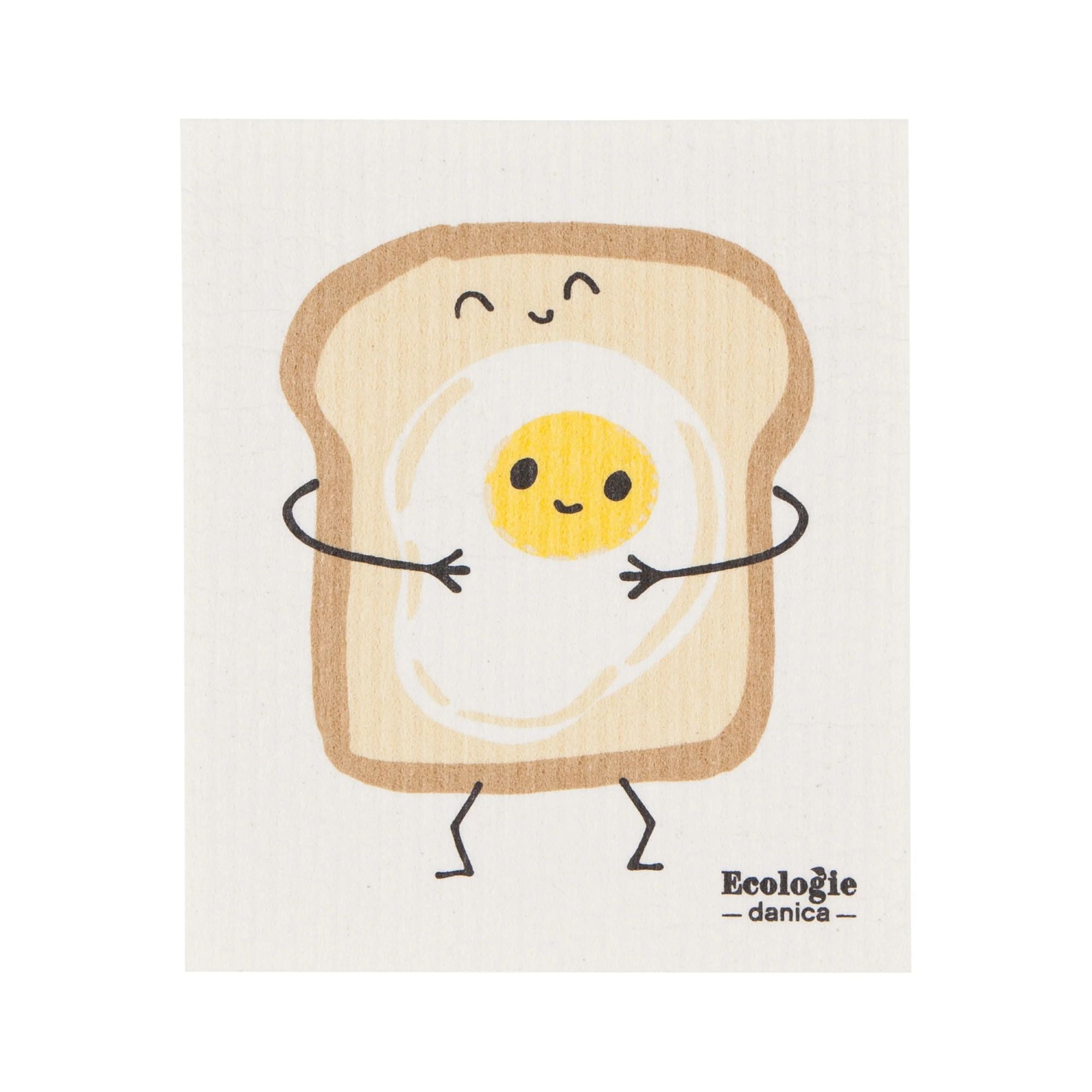 Cartoon toast DISHCLOTH with a smiling egg inside on a white background, featuring the brand 'Ecologie danica'.