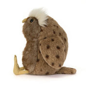 A brown jellycat owl plush toy with a fluffy white crest on its head, spotted brown wings, and pale yellow feet and beak, photographed on a clean white background.