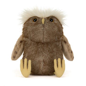 A brown jellycat owl plush toy with a fluffy white crest on its head, spotted brown wings, and pale yellow feet and beak, photographed on a clean white background.