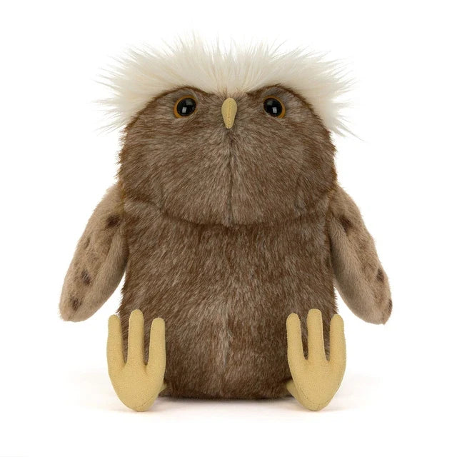 A brown jellycat owl plush toy with a fluffy white crest on its head, spotted brown wings, and pale yellow feet and beak, photographed on a clean white background.