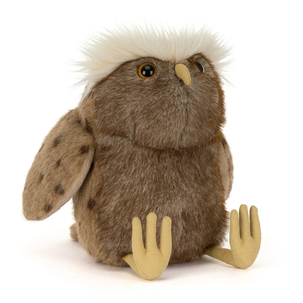 A brown jellycat owl plush toy with a fluffy white crest on its head, spotted brown wings, and pale yellow feet and beak, photographed on a clean white background.