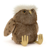 A brown jellycat owl plush toy with a fluffy white crest on its head, spotted brown wings, and pale yellow feet and beak, photographed on a clean white background.