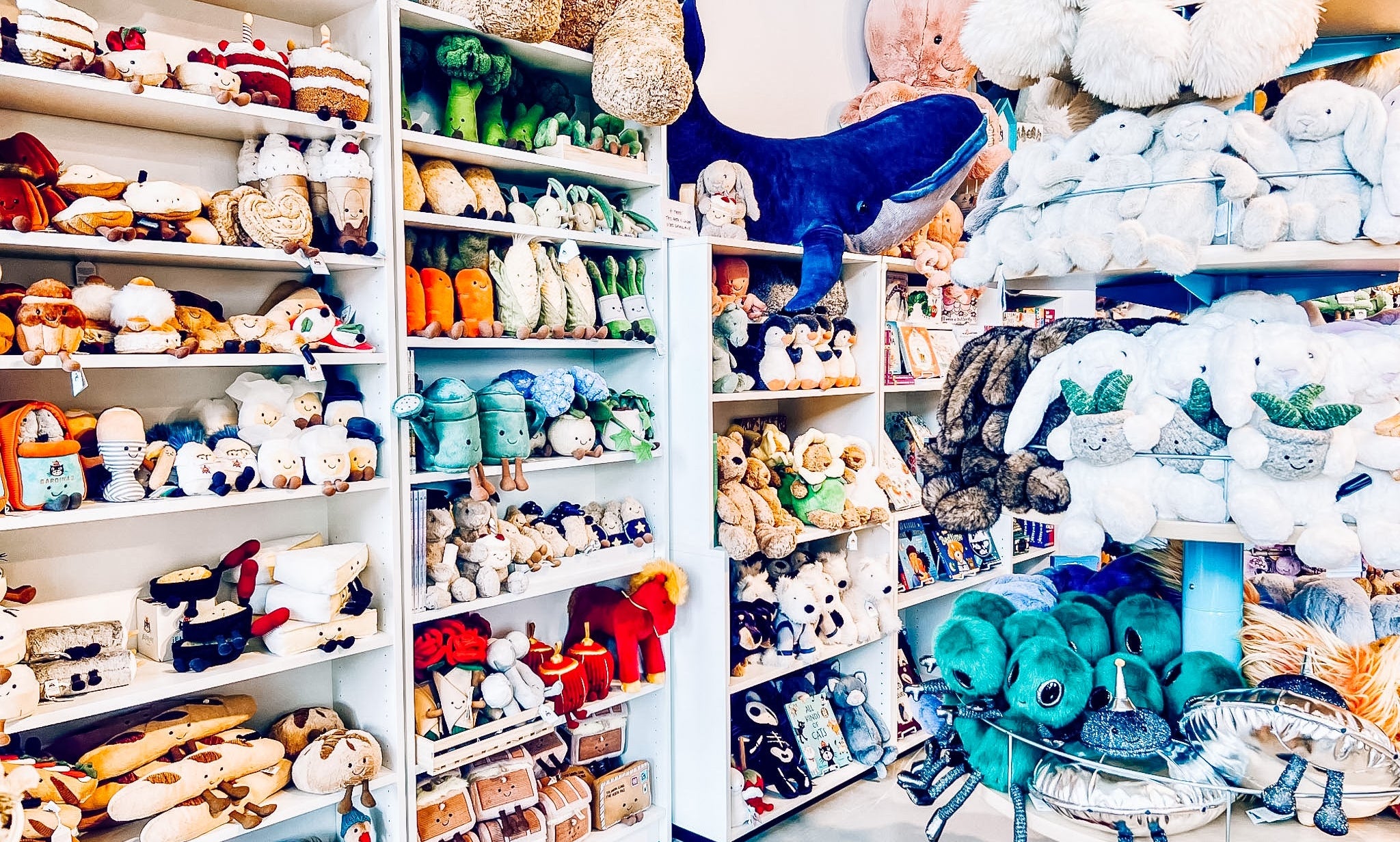 Inside store with many white shelved filled with brightly coloured plush toys in various shapes, sizes and styles from food plush, animal plush and more