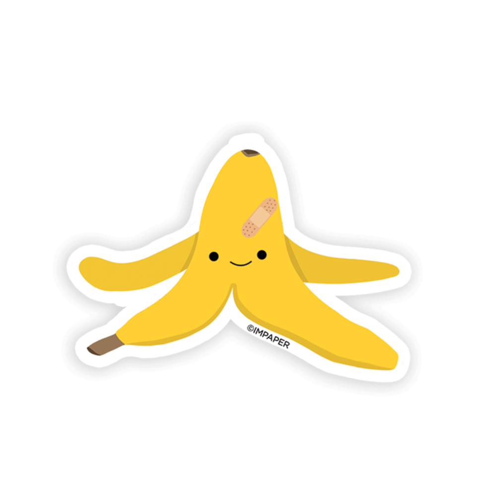 sticker of open banana peel with smiley face and small band aid on head