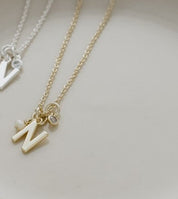 Two delicate initial necklaces with letter 'M' pendants, one in gold and one in silver, displayed on a white ceramic plate.