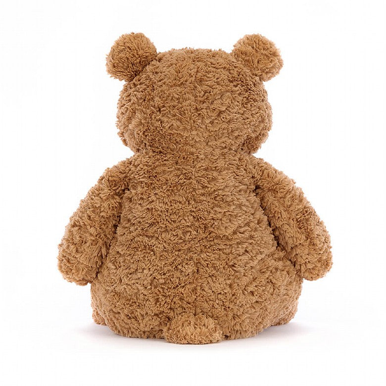 back view of small fluffy brown bartholomew bear stuffed plush toy made by jellycat