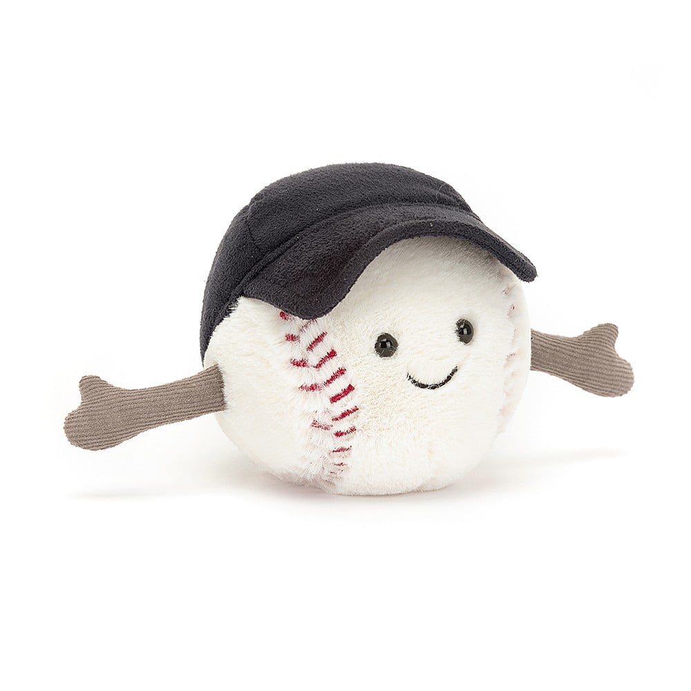 stuffed plush toy of white baseball with red stitching, blue cap and black smiley face made by jellycat