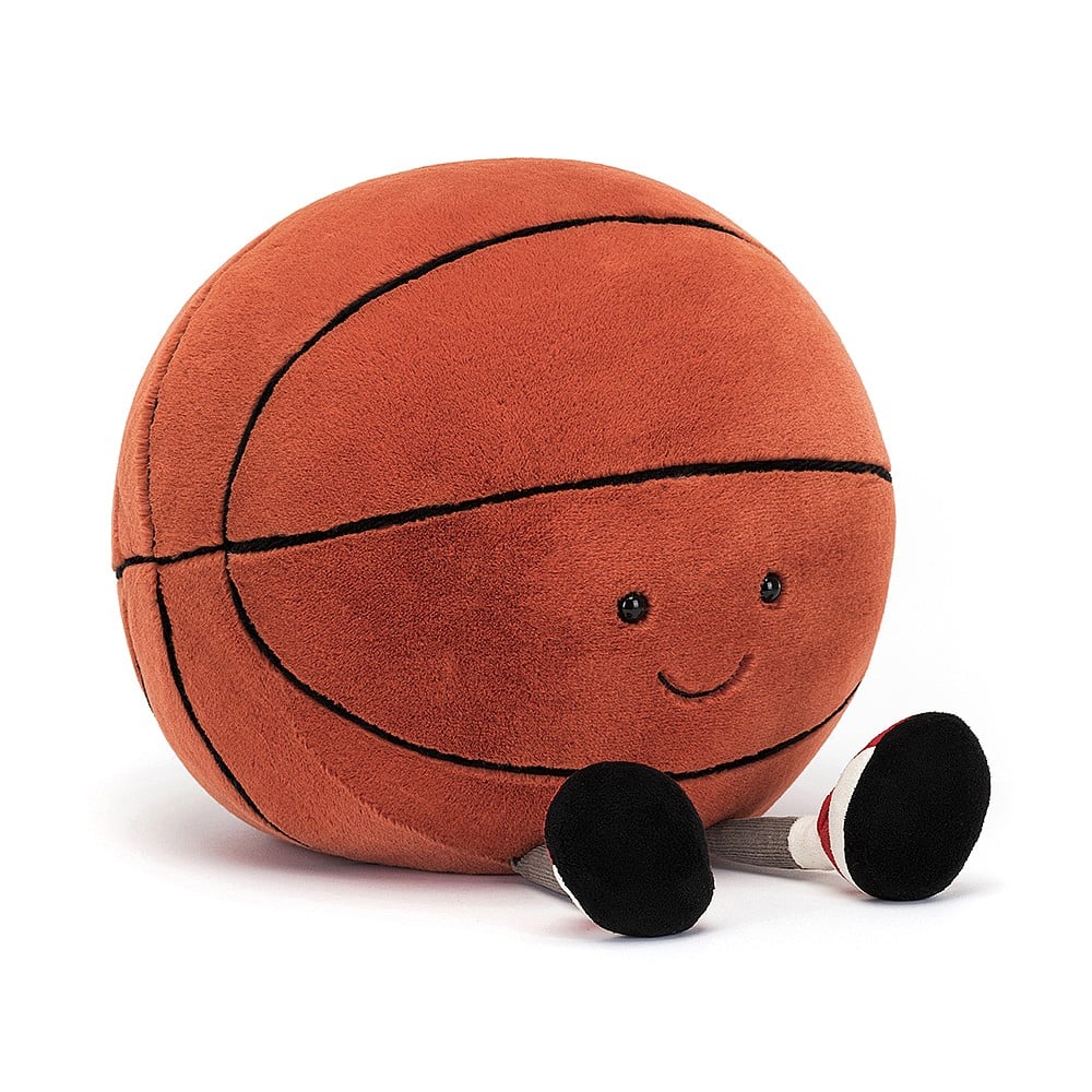 stuffed plush toy of fuzzy soft round basketball with sports shoes and black smiley face made by jellycat