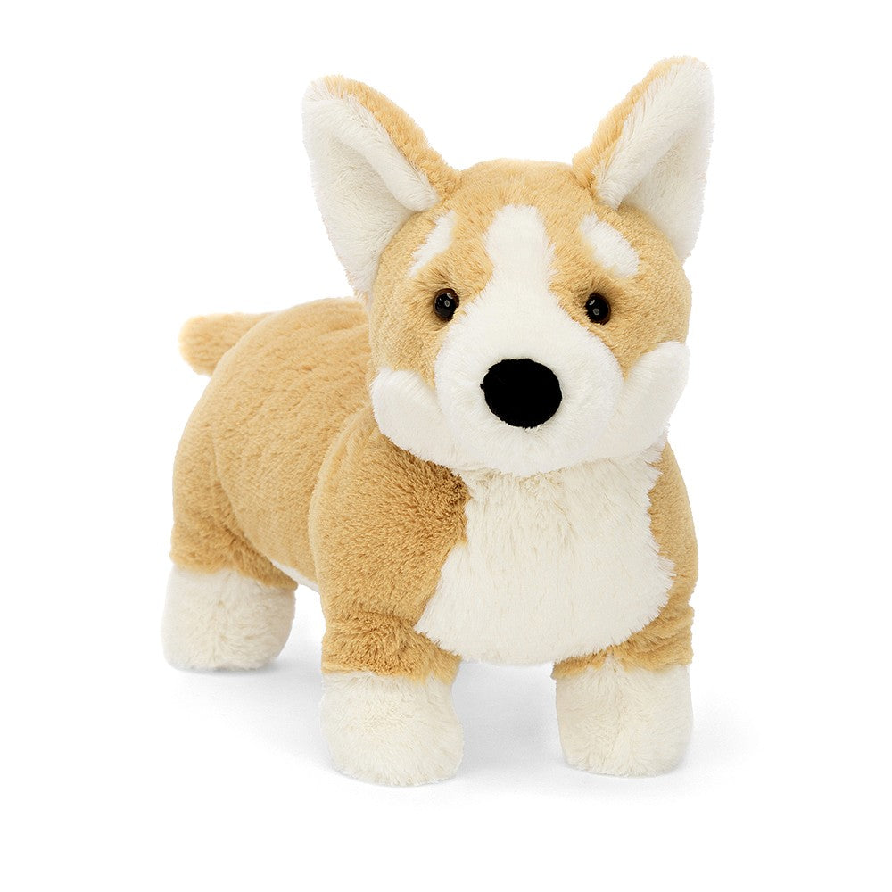 stuffed plush toy of a beige and white fluffy corgi dog made by jellycat