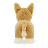 back view of stuffed plush toy of a beige and white fluffy corgi dog made by jellycat
