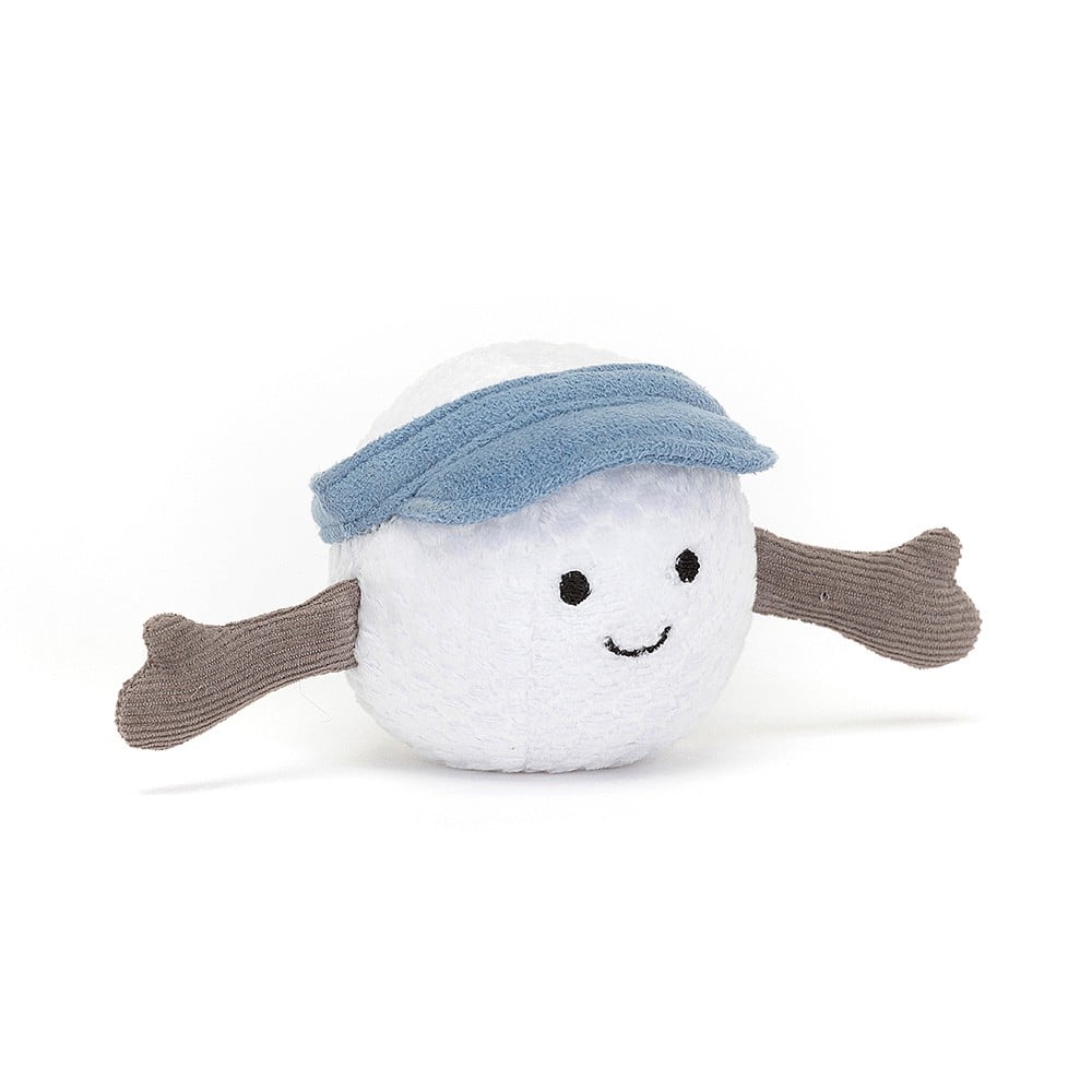 stuffed plush toy of white golf ball with light blue visor hat and black smiley face made by jellycat