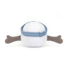 back view of stuffed plush toy of white golf ball with light blue visor hat made by jellycat