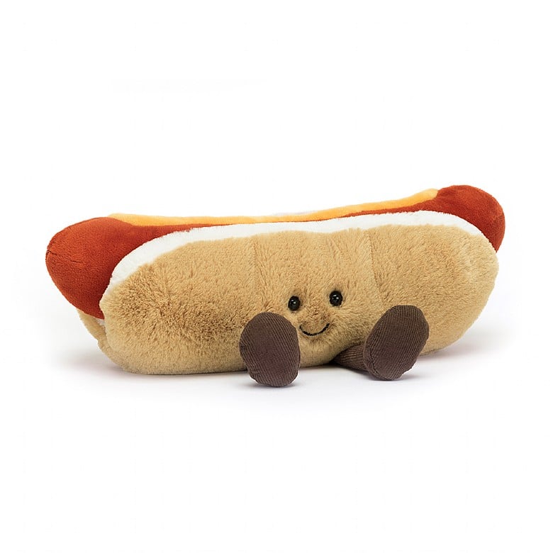 fluffy stuffed plush toy hotdog with mustard and black smiley face made by jellycat