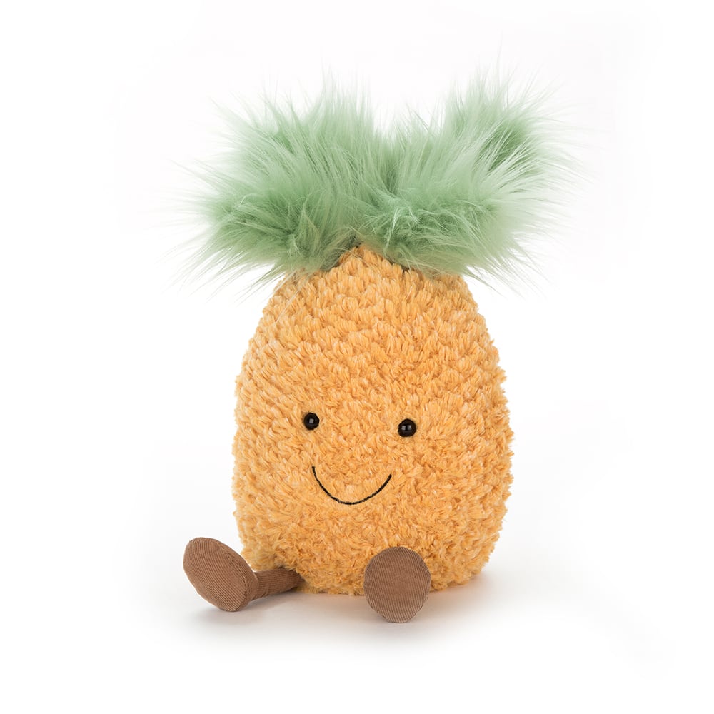 fluffy yellow and green pineapple stuffed plush toy with black smiley face made by jellycat