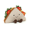 fuzzy soft stuffed plush toy triangle sandwich half with cheese, tomatoes, lettuce and black smiley face made by jellycat