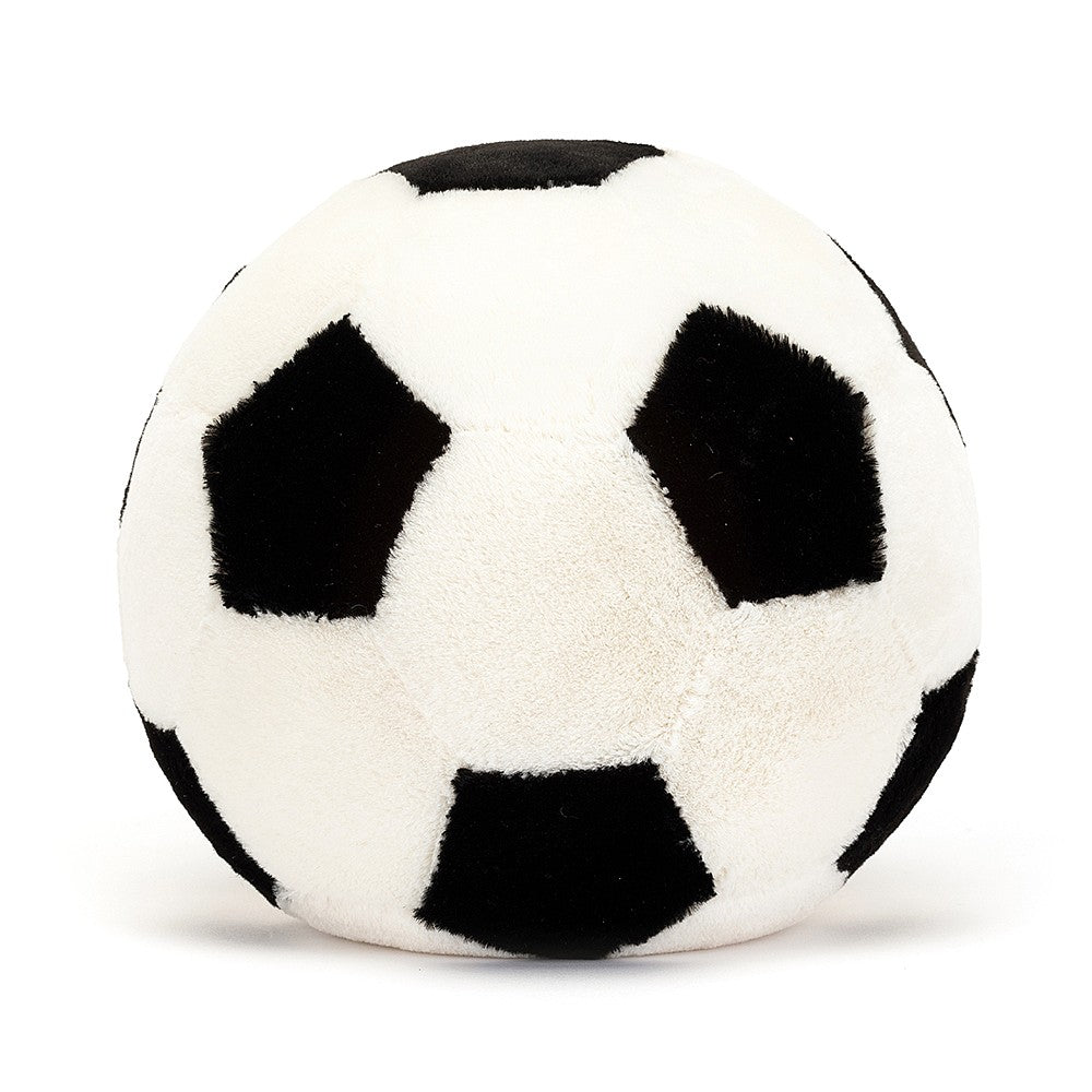 back view of stuffed plush toy of a black and white soccer ball made by jellycat