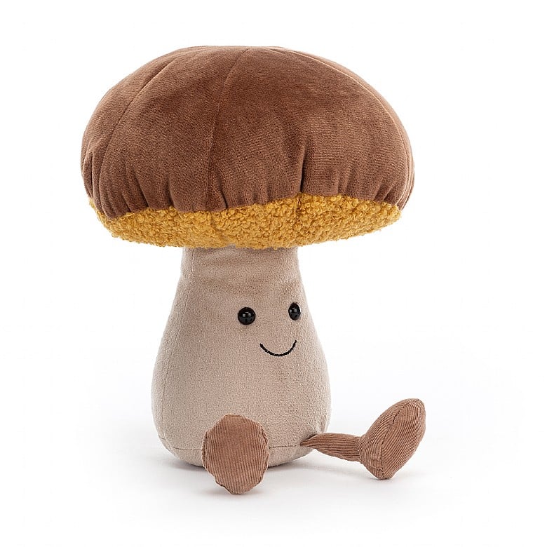 fuzzy soft stuffed plush toy of brown toadstool with black smiley facemade by jellycat