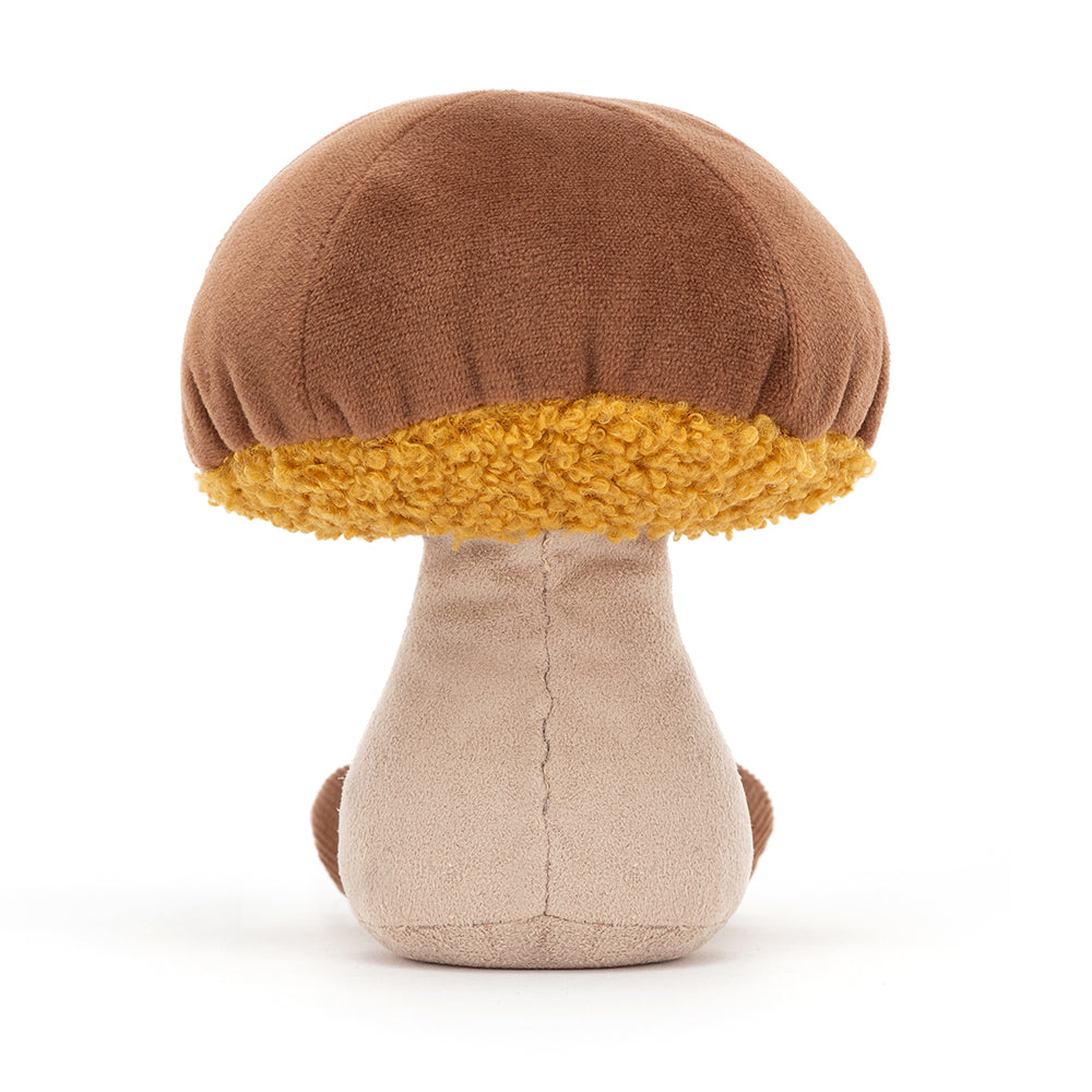 back view of fuzzy soft stuffed plush toy of brown toadstool made by jellycat