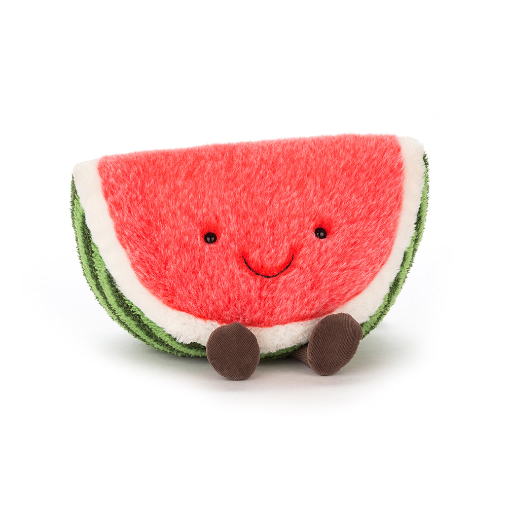 fuzzy soft stuffed plush toy of beight red, white and green watermelon with black smiley face made by jellycat