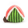 side view of bright red, white and green watermelon stuffed plush toy made by jellycat