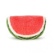 back view of bright red, white and green watermelon stuffed plush toy made by jellycat