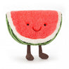 standing fuzzy soft stuffed plush toy of beight red, white and green watermelon with black smiley face made by jellycat