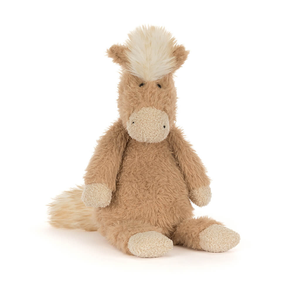 Plush beige pony toy with white mane and tail on a white background