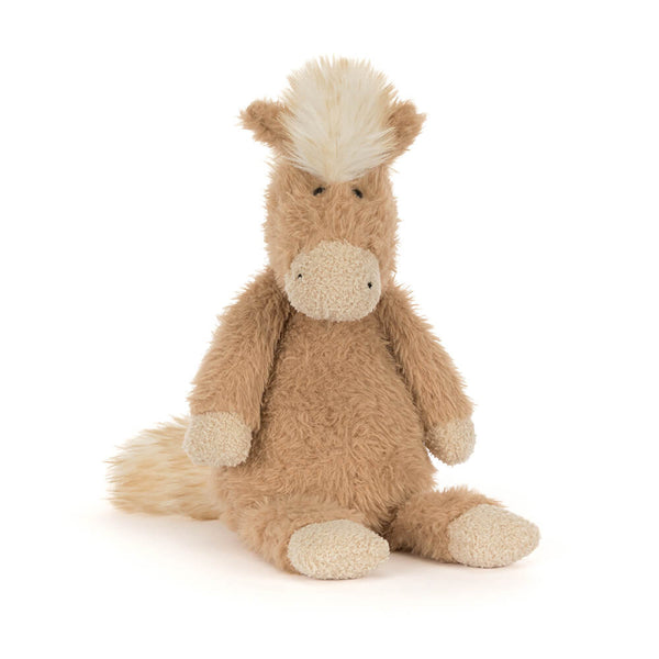 Plush beige pony toy with white mane and tail on a white background