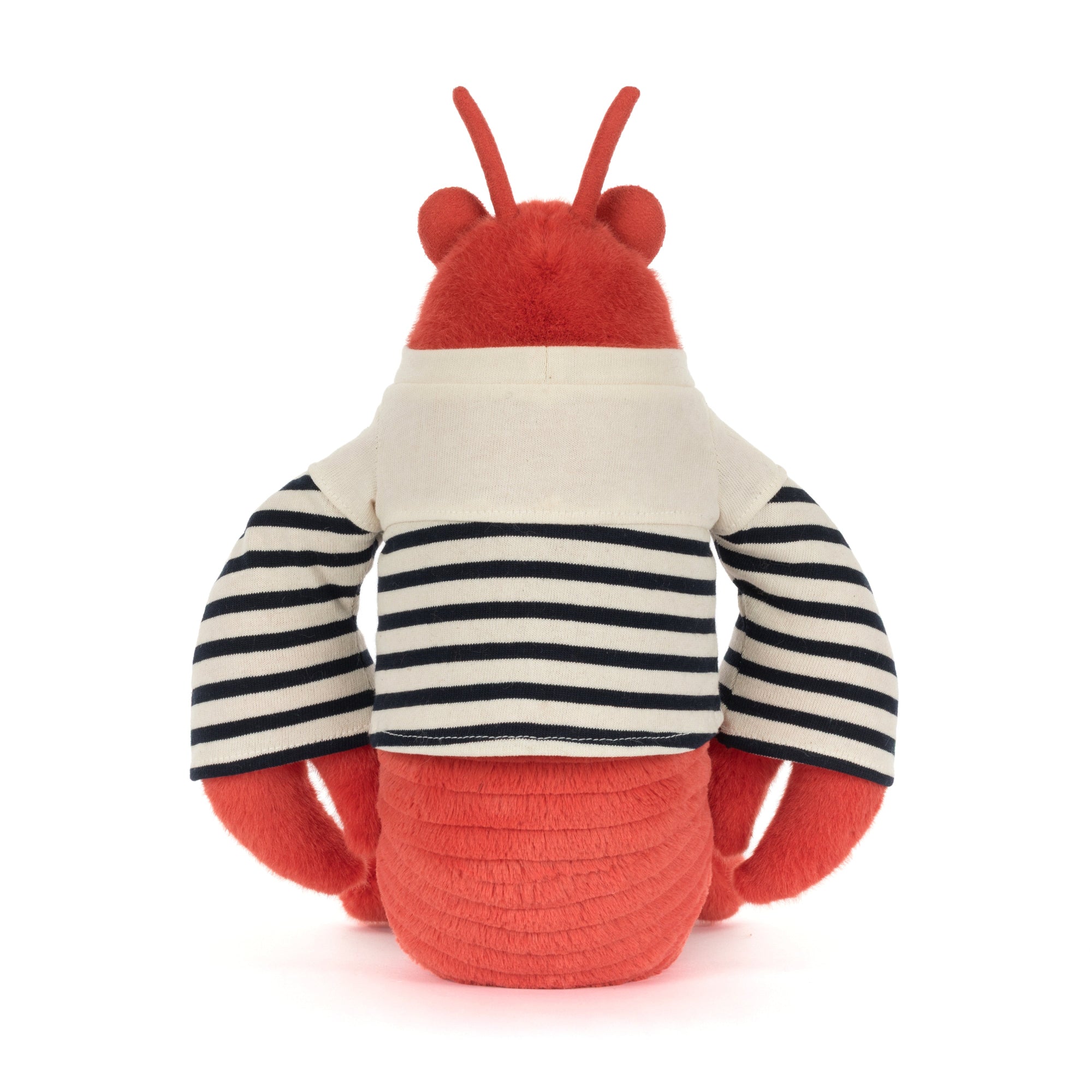 back view of Plush jellycat lobster with a striped shirt on a white background