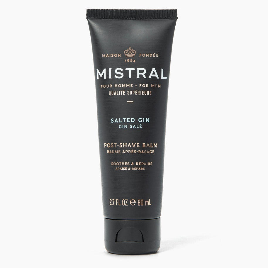 Black tube of Mistral aftershave balm on a white background