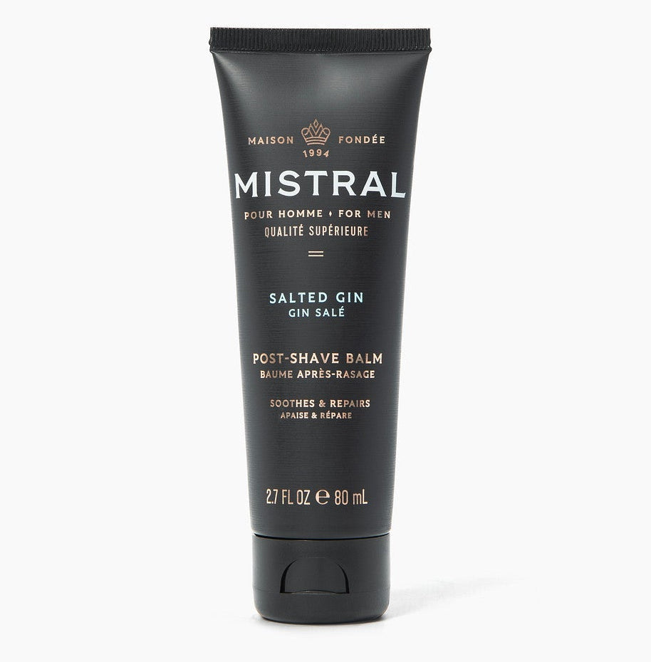 Black tube of Mistral aftershave balm on a white background