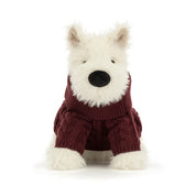 A plush jellycat West Highland terrier dog toy wearing a burgundy cable-knit sweater, set against a plain white background.