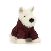 A plush jellycat West Highland terrier dog toy wearing a burgundy cable-knit sweater, set against a plain white background.