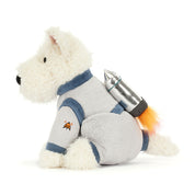side view of plush toy white scottie dog in grey spacesuit with rocket pack on back on white background 