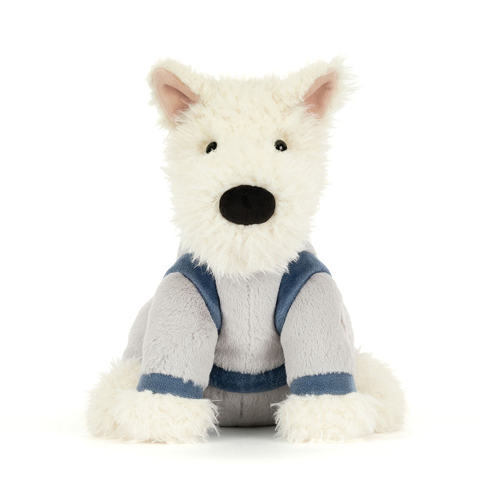Plush  toy white scottie dog in grey spacesuit on white background 