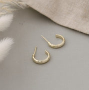 A pair of small gold huggie hoop earrings with a textured finish, displayed on a neutral gray surface with decorative white pampas grass and a beige linen cloth.