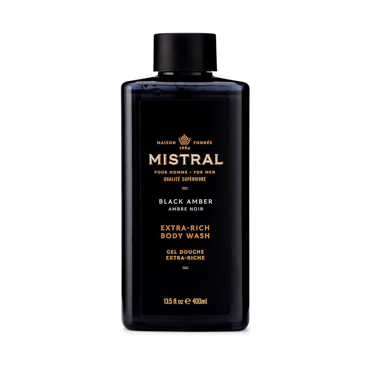 Mistral Black Amber body wash bottle on a white background