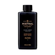 Mistral Black Amber body wash bottle on a white background