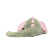 back view of Green jellycat dragon toy with pink accents on a white background