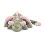Green jellycat dragon toy with pink accents on a white background