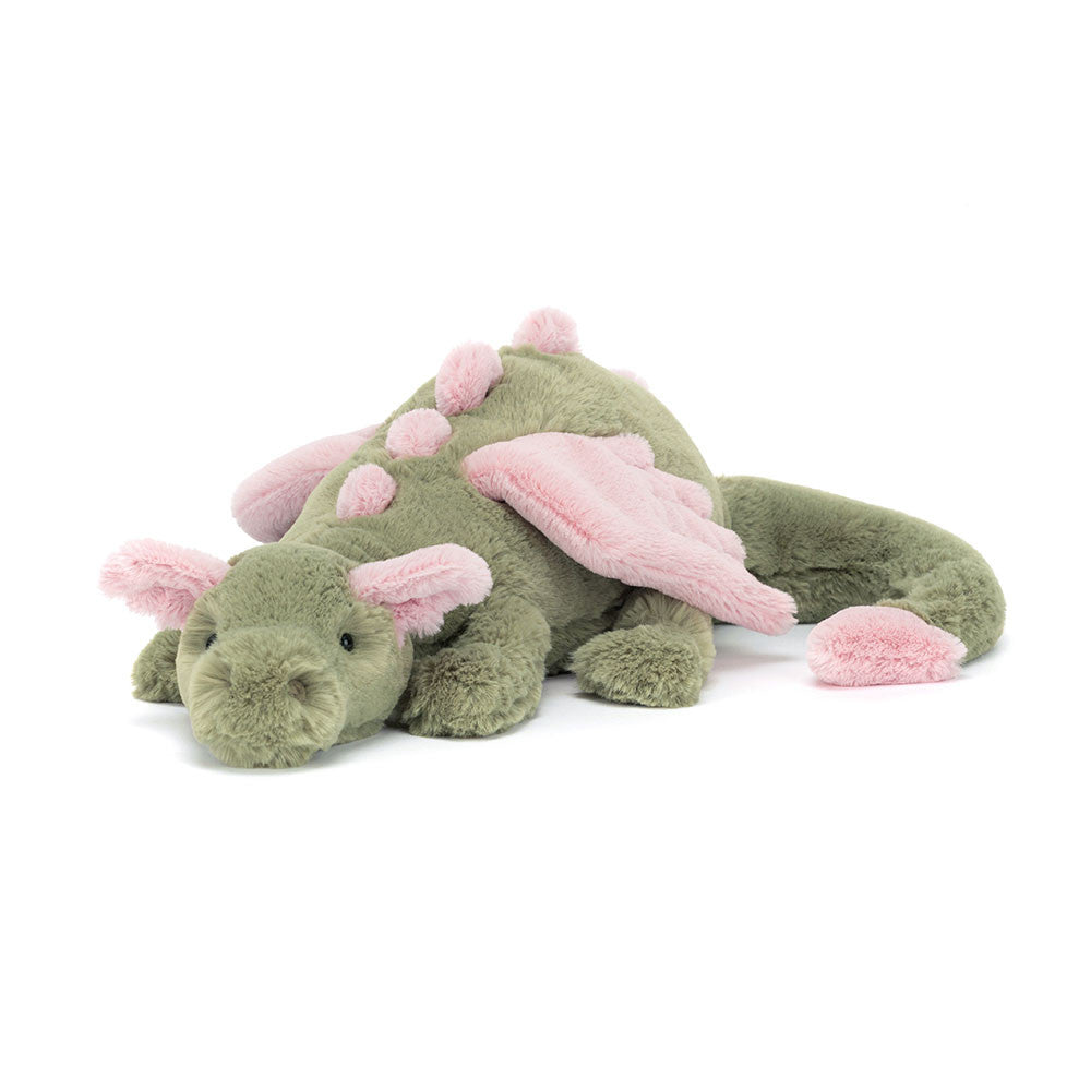 Green jellycat dragon toy with pink accents on a white background