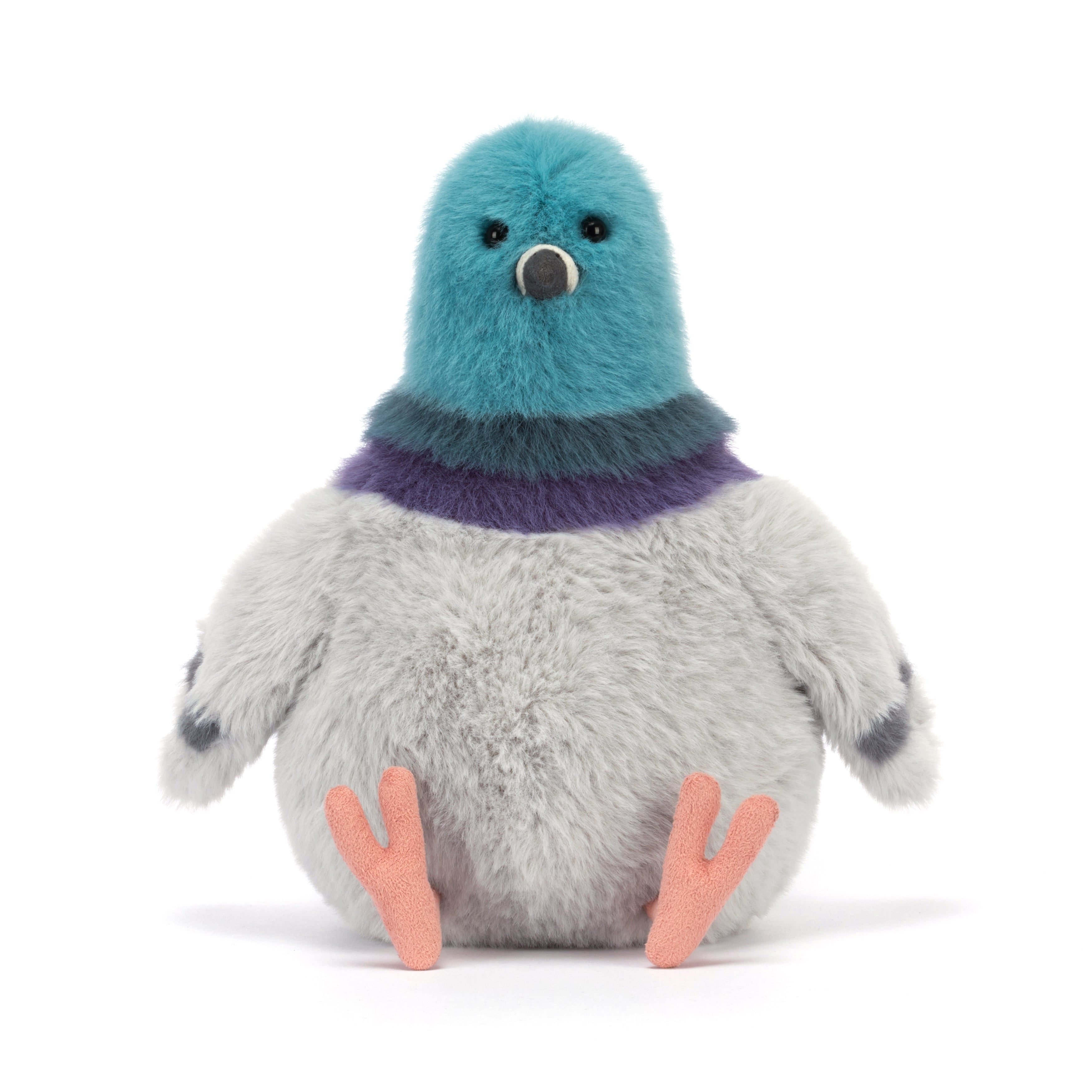 Plush toy pigeon with a blue and purple sweater on a white background