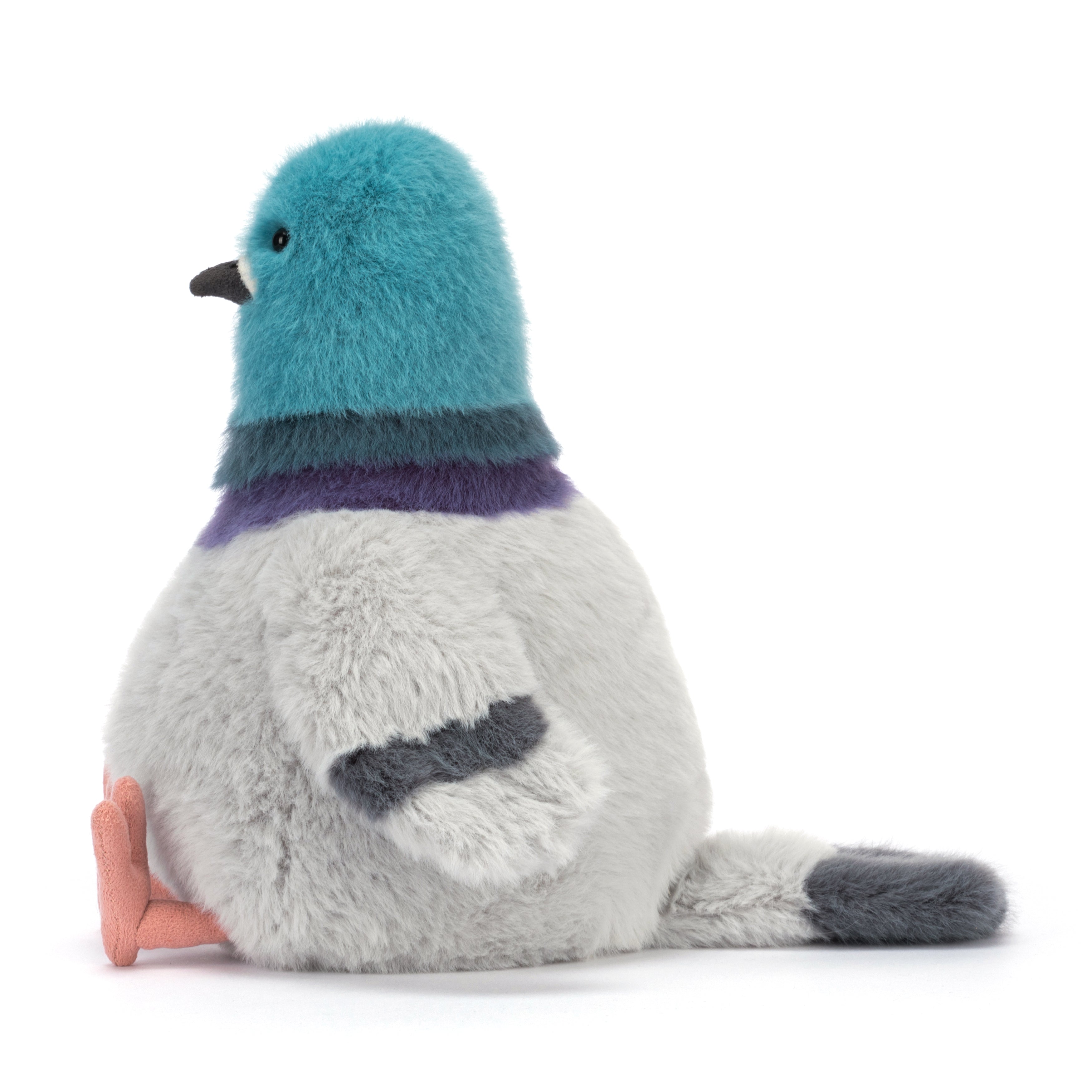 Plush toy pigeon with a blue head and gray body on a white background