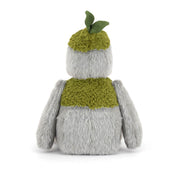back view of jellycat plush toy rock creature with a green mossy hat and mossy lapel on a white background