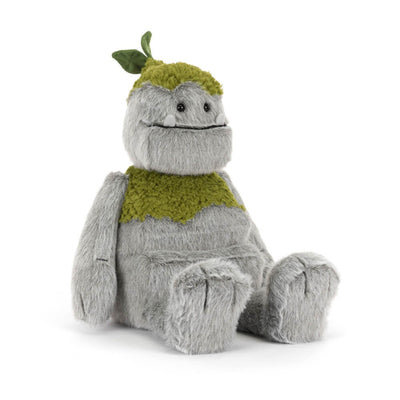 jellycat plush toy rock creature with a green mossy hat and mossy lapel on a white background