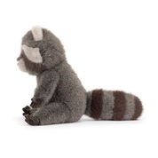 side view of  jellycat raccoon plush toy on a white background