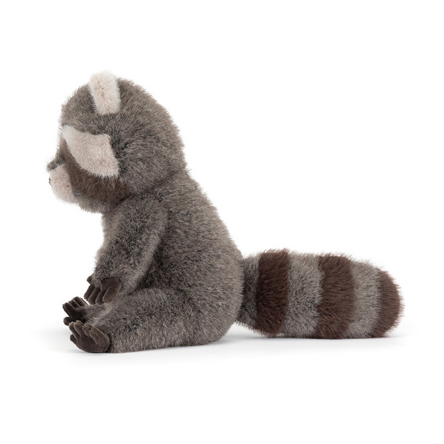 side view of  jellycat raccoon plush toy on a white background