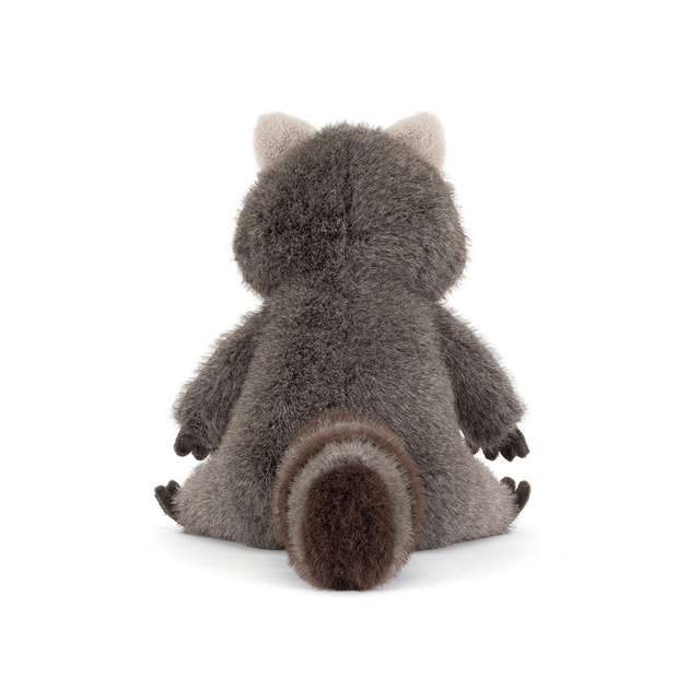 back view of  jellycat raccoon plush toy on a white background