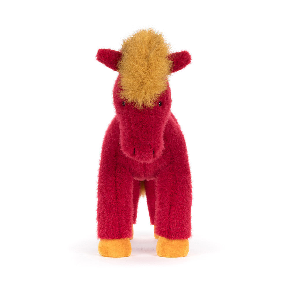 Red plush horse with golden mane and tail and yellow hooves on a white background