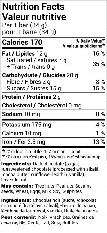 nutritional facts for chocolate bar black writing on white background 